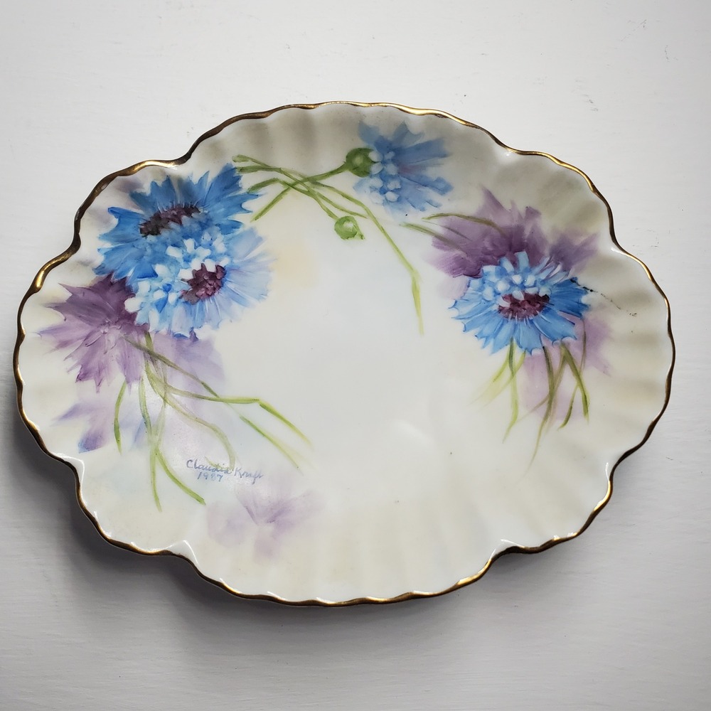 Vintage Claudia Knaff 1987 Hand Painted Floral‎ Plate Gold Scalloped Edge Decor